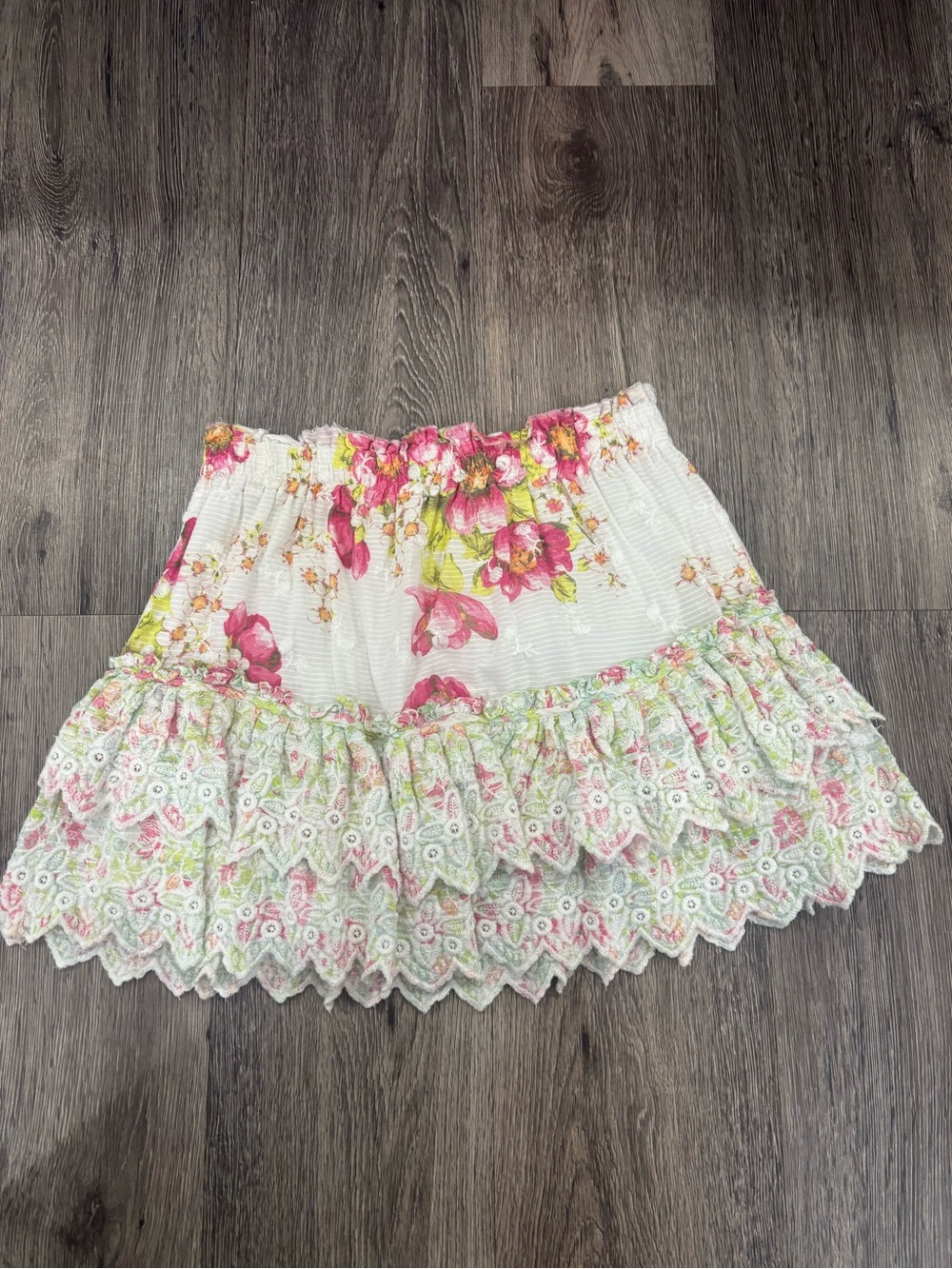 LoveShackFancy White Floral Eyelet Tiered Skater Skirt with Pink & Green Accent